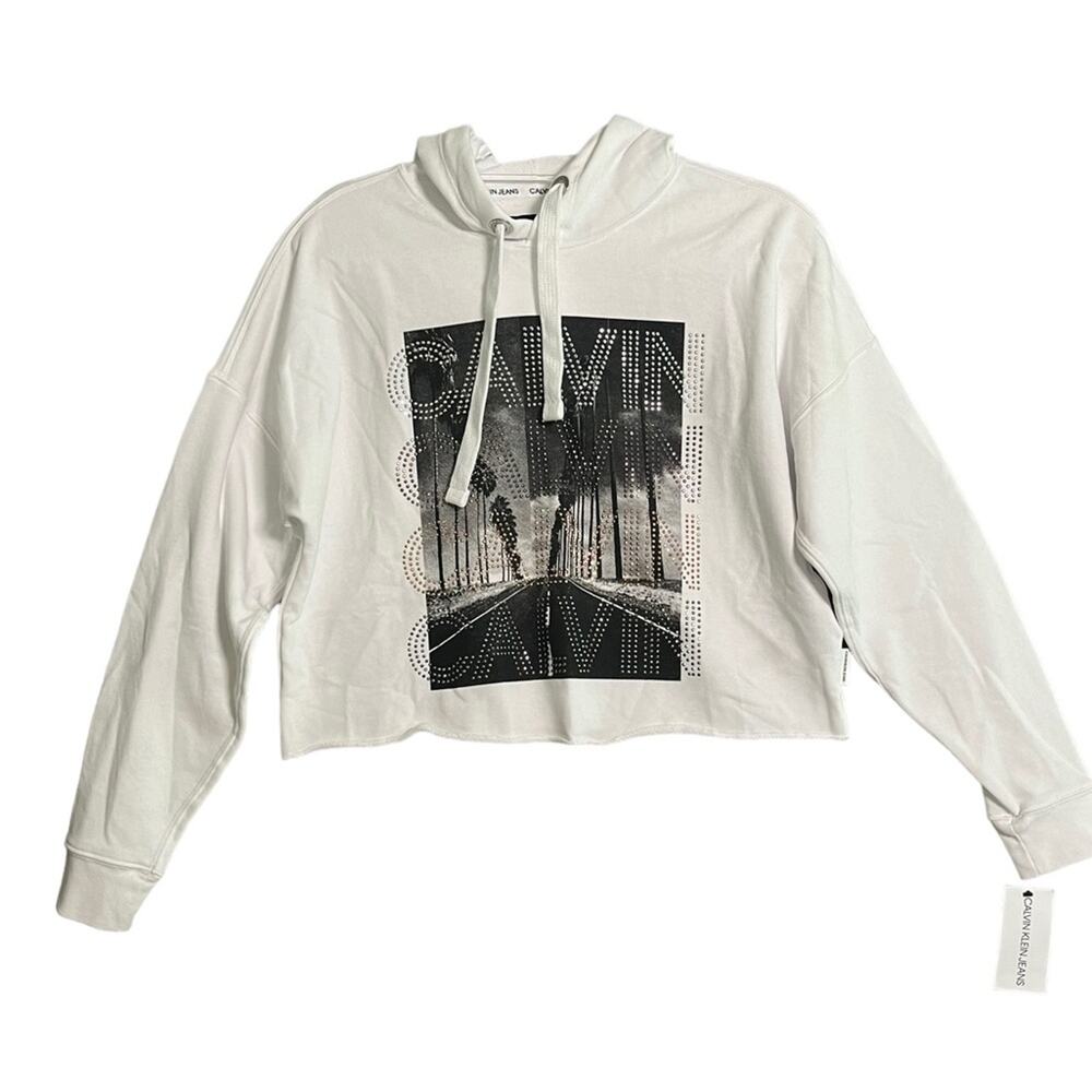 Calvin Klein Womens XS White Gray Rhinestone Graphic Cropped Hoodie NWT